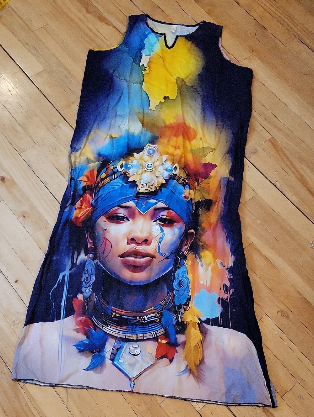 Vibrant Tribal Portrait Maxi Dress in Blue & Yellow